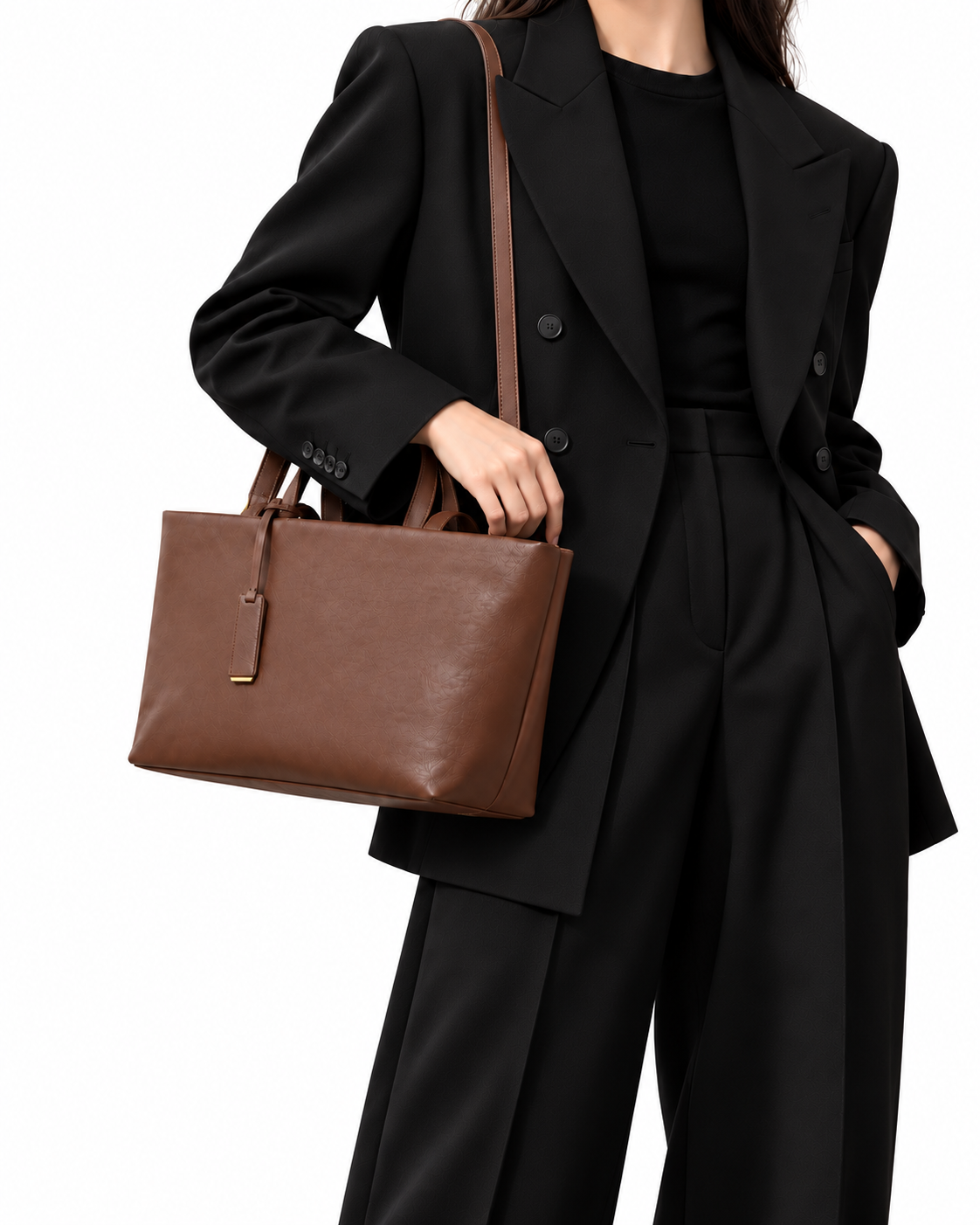 The Palazzo Tote in Espresso, worn with a black suit