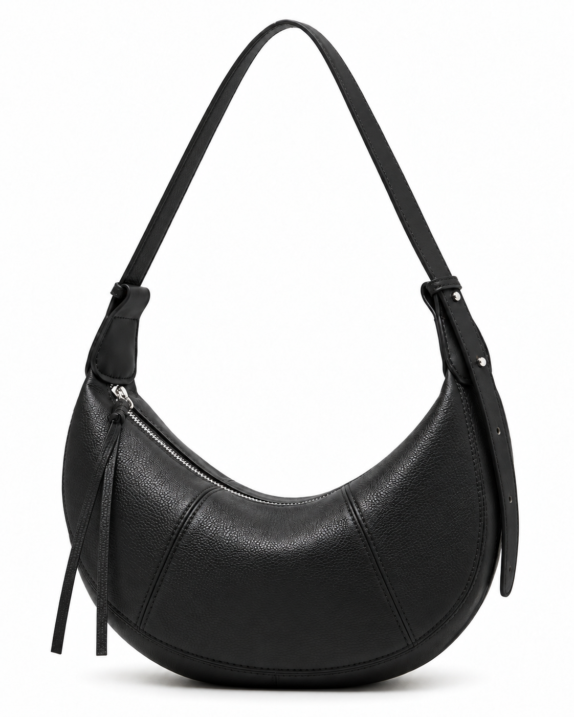 The Flavia Crescent Bag in Nero, front view