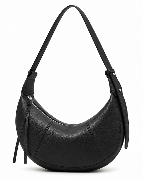 The Flavia Crescent Bag in Nero, front view