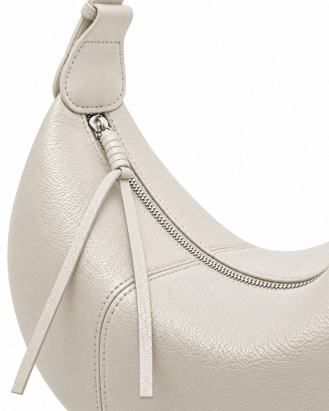The Flavia Crescent Bag in Ivory, close-up detail