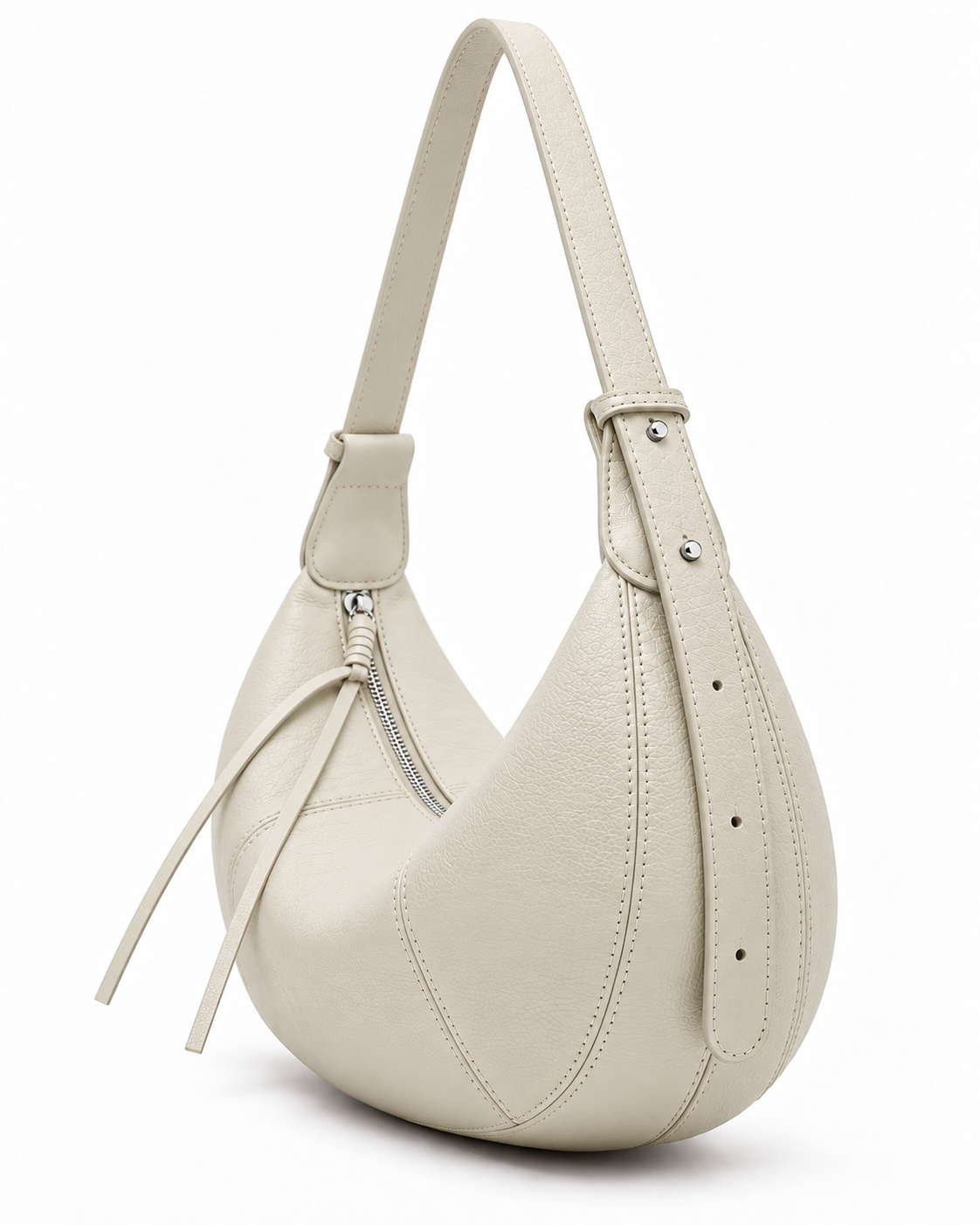 The Flavia Crescent Bag in Ivory, three-quarter view