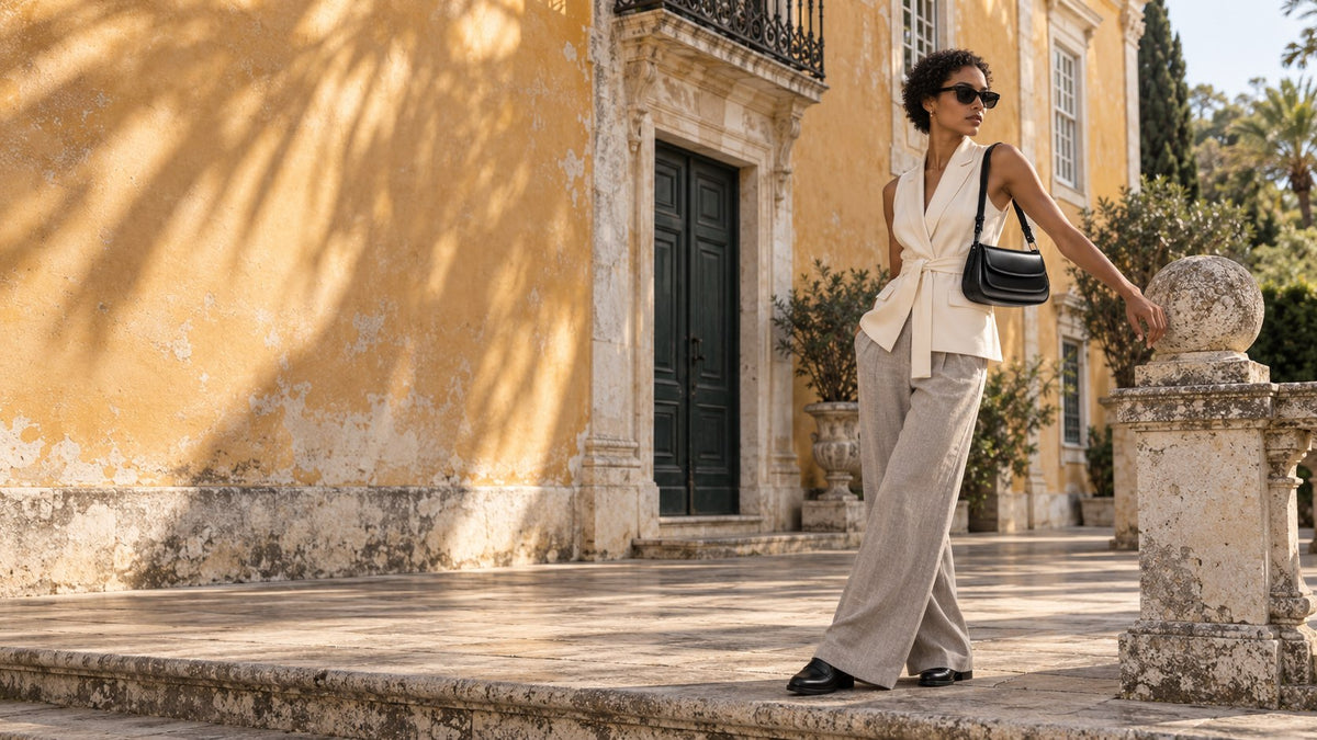 The Marcella Shoulder Bag in Nero, worn on the shoulder on the terrace of an ochre manor house